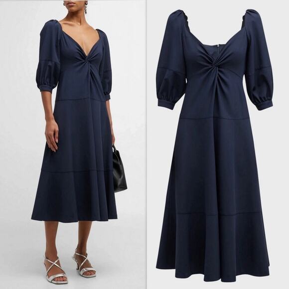 Cinq a Sept Kristina V-Neck Twisted-Front Midi Dress in Navy - Picture 1 of 10